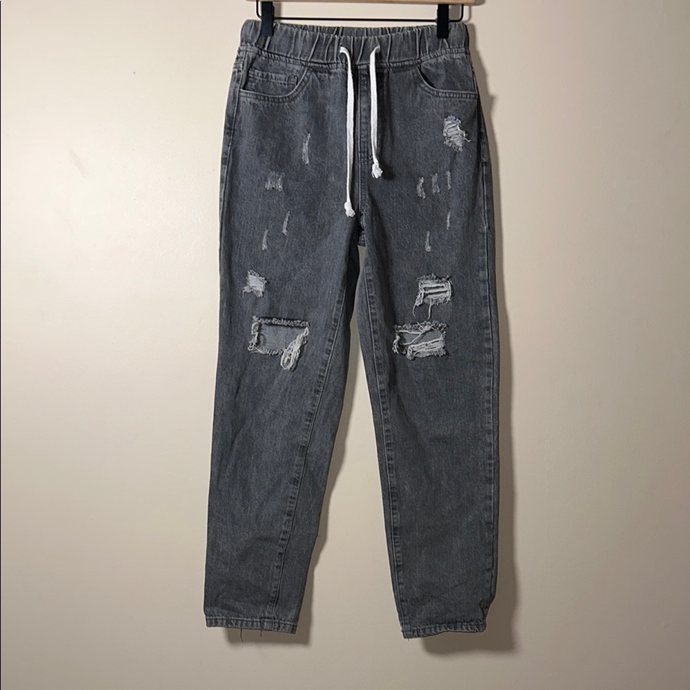 YMI Gray Distressed Jeans With Elastic Waist and Drawstrings Women's Size XS